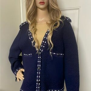 CHANEL Navy Blue Cardigan with White Pearls accessories